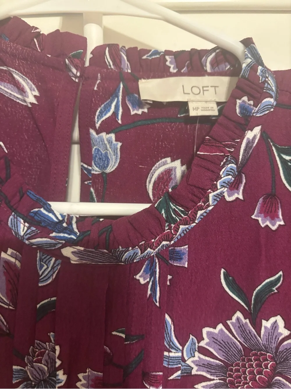 LOFT Plum Floral Ruffle-Neck Blouse